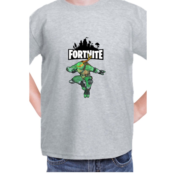 Детска тениска Fortnite Battle Royal Epic Game Tralala Skin TMNT Michelangelo, Светлосив меланж