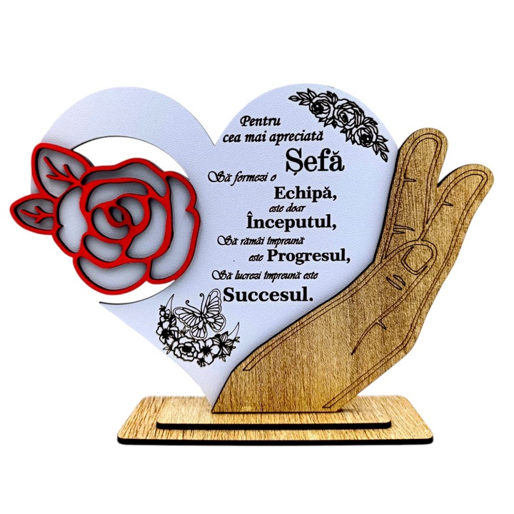Decoratiune tablou inima cu trandafir, personalizat cu mesaj standard pentru "Cea mai apreciata Sefa", dimensiune 22cm, alb si maro