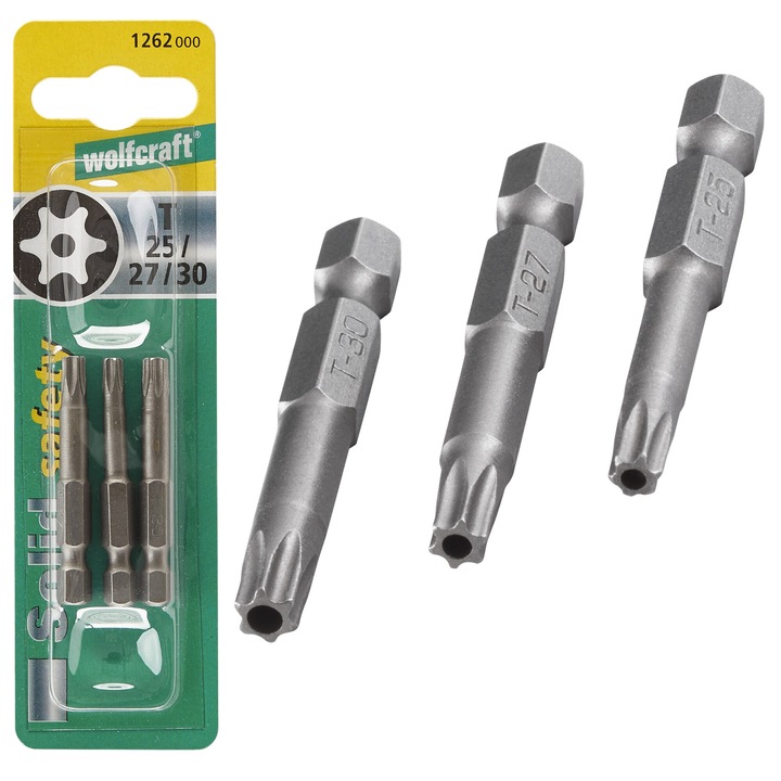 Set biti Torx cu deschidere sigura Wolfcraft TX25 TX27 TX30, 50mm, 3 bucati