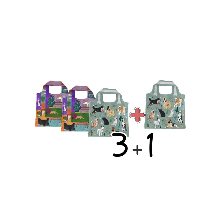 Pachet sacose pliabile 3+1, mypin, multicolor, 42x48cm, 60x48cm toarte, 11x11cm buzunar