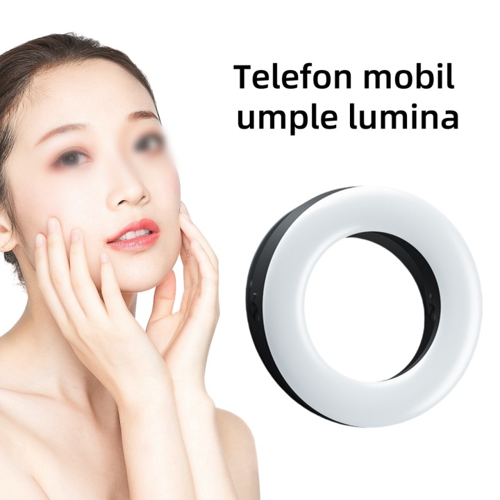 Lumina circulara de umplere, profesionala, lumina rece si calda, 200mAh, potrivita pentru toate tipurile de telefoane mobile, compacta si portabila, neagra