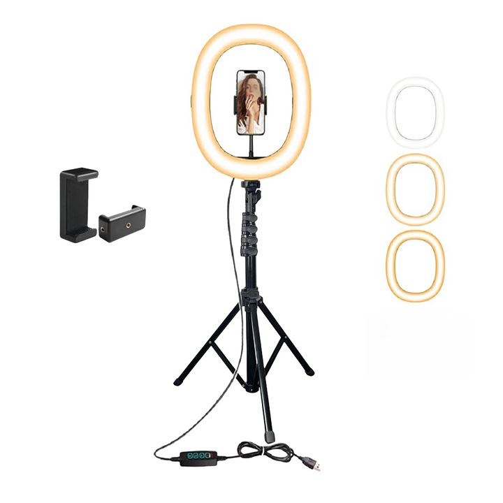 Alte accesorii fotografice, lumina de umplere inel, 10 inchi, suport de 1, 3 metri, trei temperaturi de culoare, USB, pliere la 180°, foto/video/machiaj, cu telecomanda si suport pentru telefon, negru