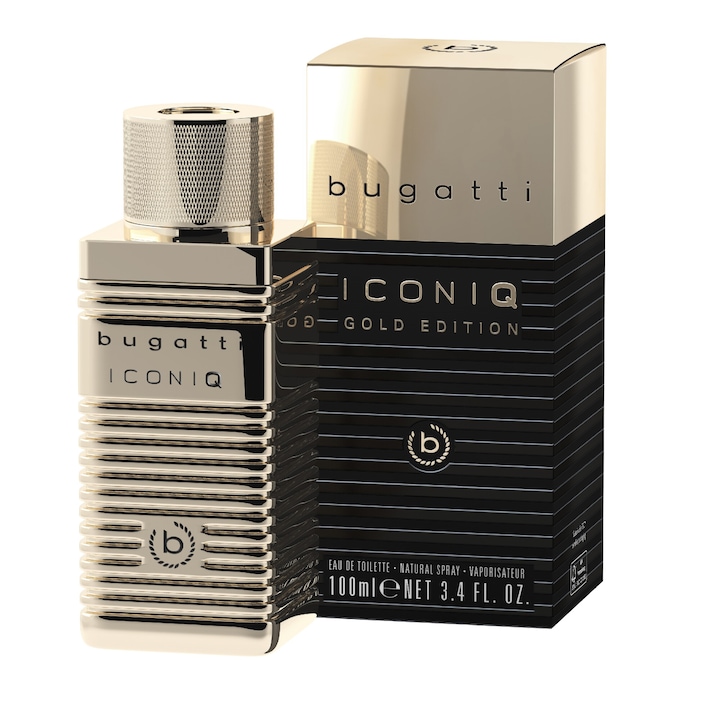 Parfum pentru barbati Bugatti Iconiq Gold, 100 ml, aroma citrica-ambar, set