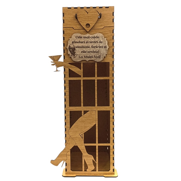 Cutie pentru sticla de vin/whiky cu capac si mesaj standard "Cele mai calde ganduri...", dimensiune 35x10cm