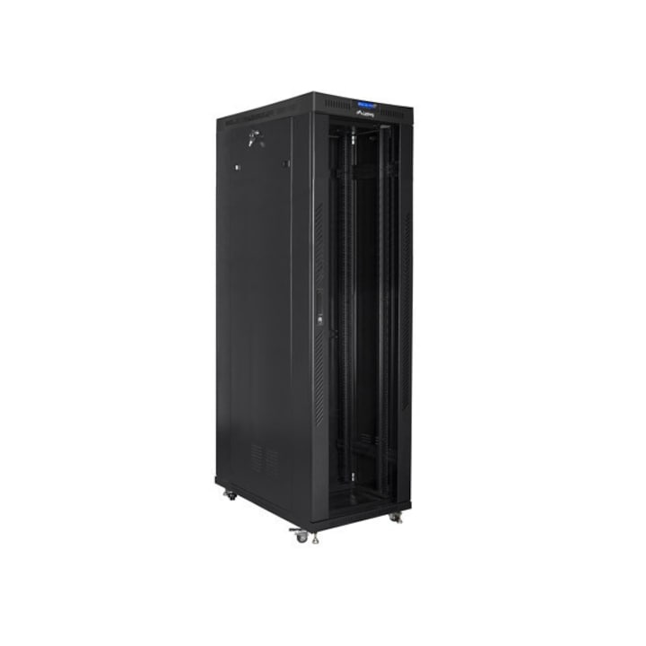 19"-os rack szekrény, Lanberg, 42U, 600x1200, fekete, üvegajtók