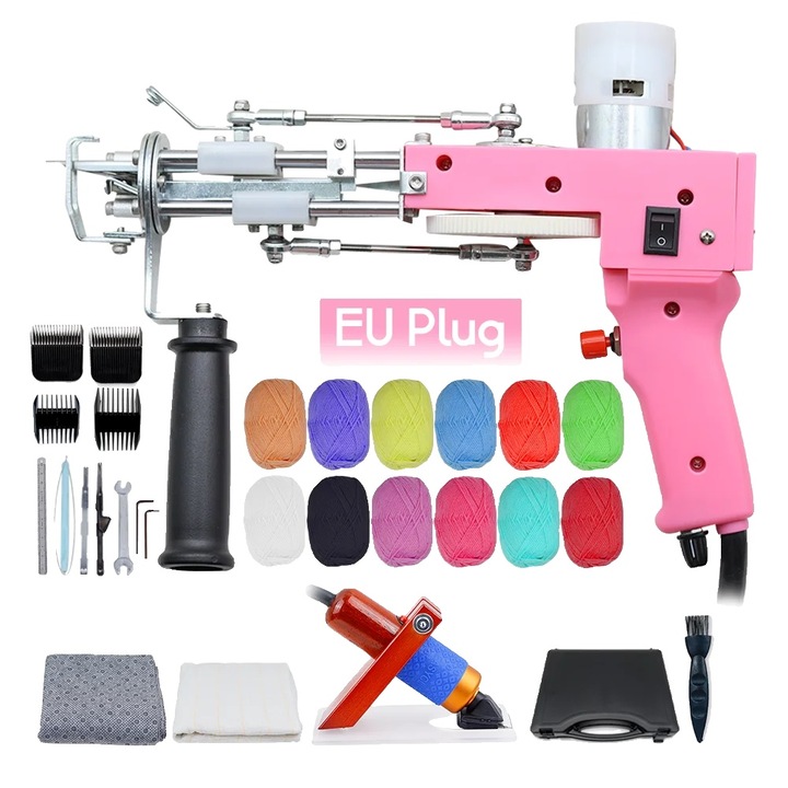 Pistol de tufting, capacitate duala, inaltime pile ajustabila, roz, set cu piepteni, chei, pena si perie