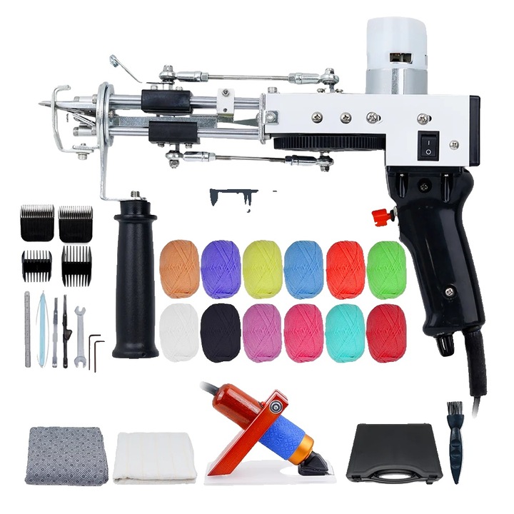 Pistol de tufting, capacitate duala, inaltime pile ajustabila, negru, set cu piepteni, chei, pena si perie