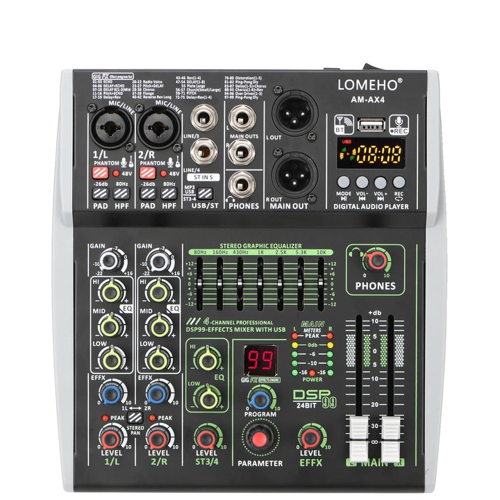 Mixer audio, 4 canale, 99 efecte DSP, alimentare +48V, conectivitate Bluetooth, USB, set 4 canale