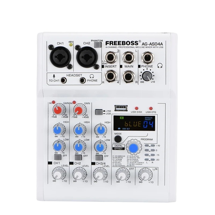 Mixer audio FreeBoss, 4 canale, Bluetooth, priză UE