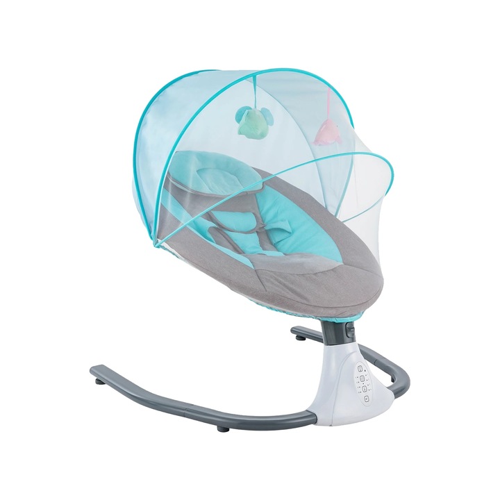 Balansoar electric pentru bebelusi, 4 unghiuri de balansare, capacitate maxima 39.68 lbs, albastru, cu plasa impotriva tantarilor si perne