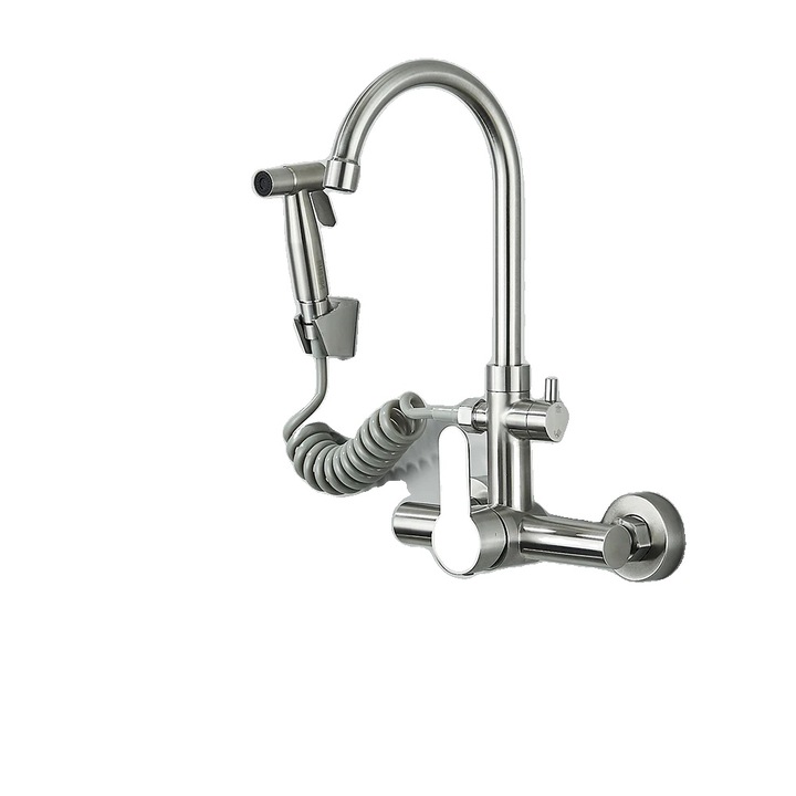 Konyhai csaptelep, hideg-meleg víz funkció, rozsdamentes acél kivitel, fali rögzítés, 2 lyuk