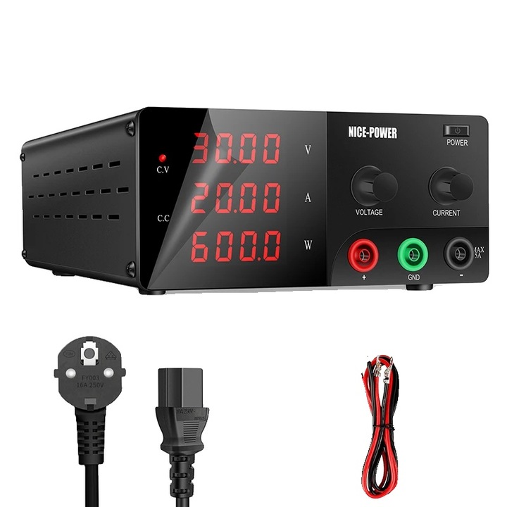 Sursa de alimentare DC, 30V20A, 600W, protectie multipla, negru, set complet cu cablu de alimentare si manual de instructiuni