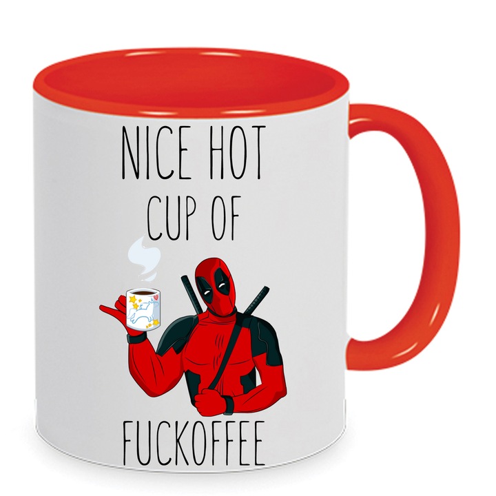 Cana ceramica Deadpool 330ml alb-rosu, design umoristic