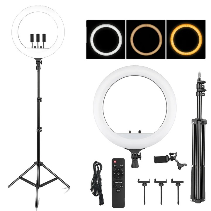 Inel luminos LED de 18 inch, putere 55W, luminozitate 4000 lumeni, lumina trepied 150cm