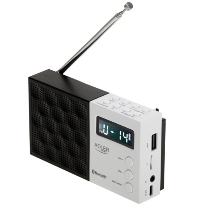 Radio digital PLL AM/FM ADLER, Bluetooth 5.0, USB/SD, 800 mAh, negru/alb