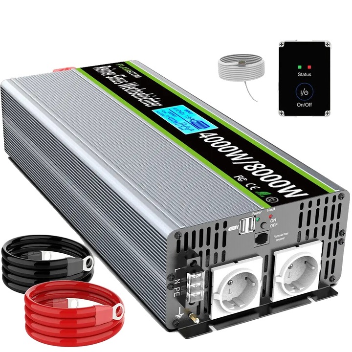 Inversor solar, 4000W putere continua, 8000W putere de varf, 24V, cu cabluri de conectare pentru control la distanta