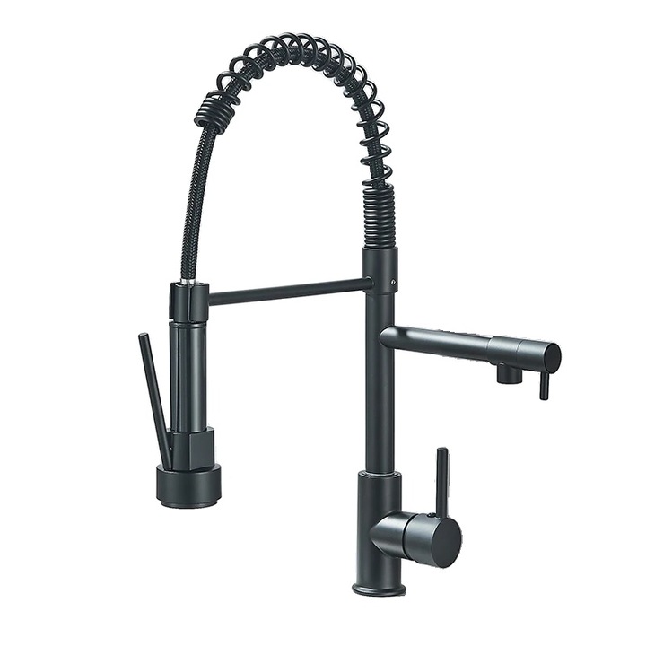 Szaniter csaptelep, matt fekete, visszahúzható kivitelű, sárgarézből, pultra szerelhető