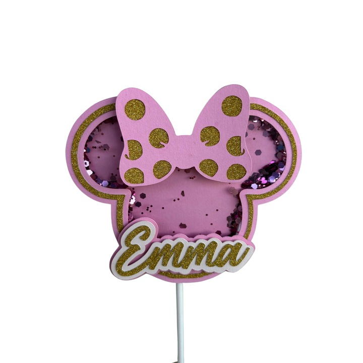 3D Minnie картонена декорация за торта, пайети отвътре, шейкър, Честит рожден ден Ема, 120x105 мм