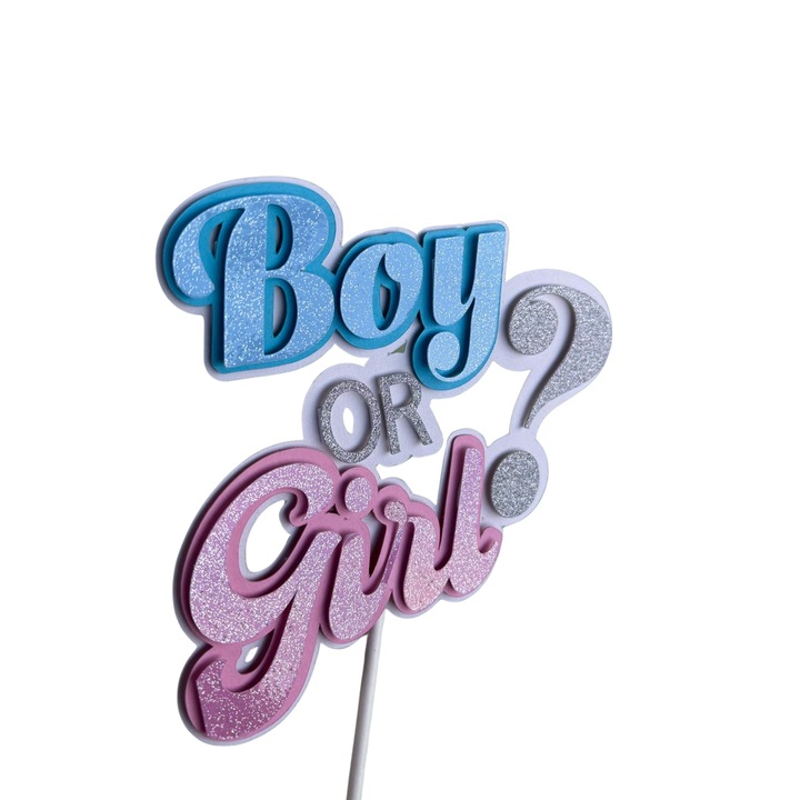 Decoratiune topper tort carton Boy or Girl Gender reveal cu sclipici, 3D, 140 x 140 mm