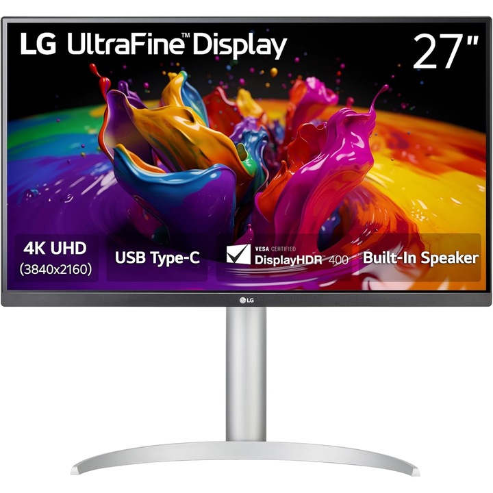 Монитор LG UltraFine 27UP850K-W, 27", IPS, 3840 x 2160 4K, USB Type-C с DisplayPort ф-я, 2 x USB 3.0 Downstream, 2 x HDMI, 1 x Audio Out, DisplayPort, Вградени високоговорители 2 x 5W
