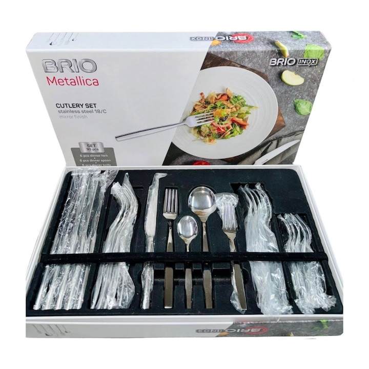 Комплект прибори за хранене BRIO, 30 части, Материал: Полирана неръждаема стомана, Размер: 208 х 4 милиметра, Цвят: Сребрист