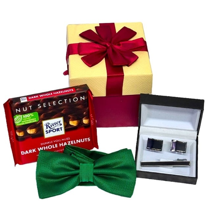 Set pentru barbati BowTie, papion, set butoni camasa si ac de cravata, ciocolata Ritter Sport 100gr, Verde, Velve