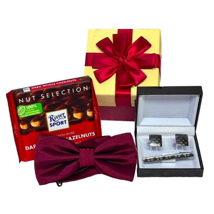 Set pentru barbati BowTie, papion, set butoni camasa si ac de cravata, ciocolata Ritter Sport 100gr, Rosu, Velve