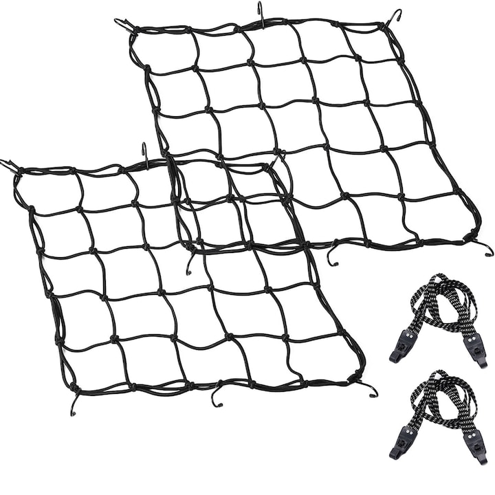 Set 2 plasa fixare bagaje, SINBINTA, Plasa elastica pentru fixare bagaje, Cu 2 cureaua de prindere si 6 carlige pentru montare, Fixare rapida, High load capacity, Compressive elasticity, Adjustable, Poliester, 40*40cm, Negru