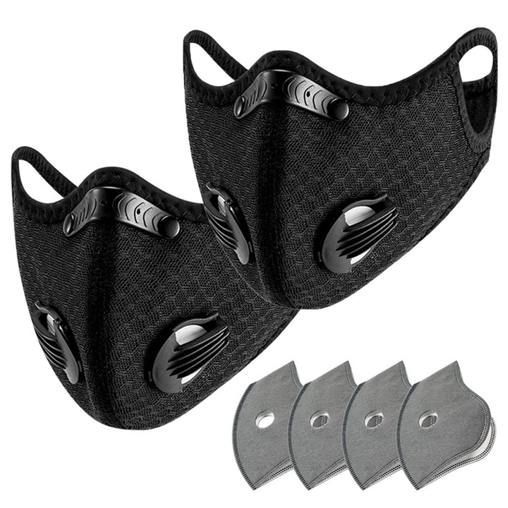 Set 2 masca de protectie, SINBINTA, Cu 4 filtre de carbon activ, Protectie impotriva vaporilor, Vopselei si prafului, Banda elastica ajustabila, Ergonomic, Pentru ciclism in aer liber, sport, Poliester, Negru