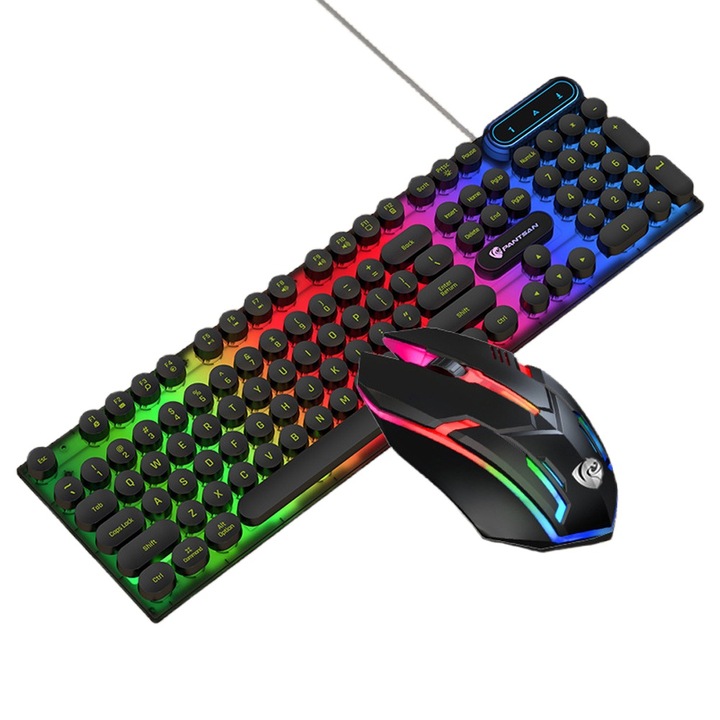 Set tastatura cu fir si mouse, 104 Taste, Design Retro, Iluminare LED, Negru