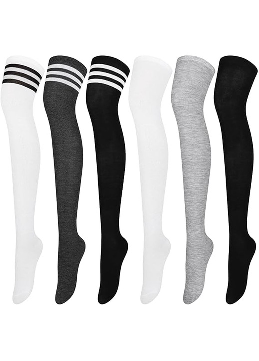 Set 6 perechi de sosete inalte pentru femei, SINBINTA, Sosete casual peste genunchi pentru femei, Care elimina umezeala, Nu se estompeaza sau se sparg usor, Potrivite pentru purtarea pe termen lung, Poliester, Negru/Gri/Alb