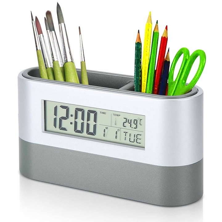 Digitális asztali óra, SINBINTA, Elektronikus LED digitális ébresztőóra, Tárolóval és Szundi funkcióval, 12/24 órás, Nagy kijelző, Dátum, Időzítő, Ébresztő, Hőmérsékletkijelző, Éjjeliszekrényre, Irodába, Hálószobába, Műanyag, 151*47*81mm, Szürke/Ezüst