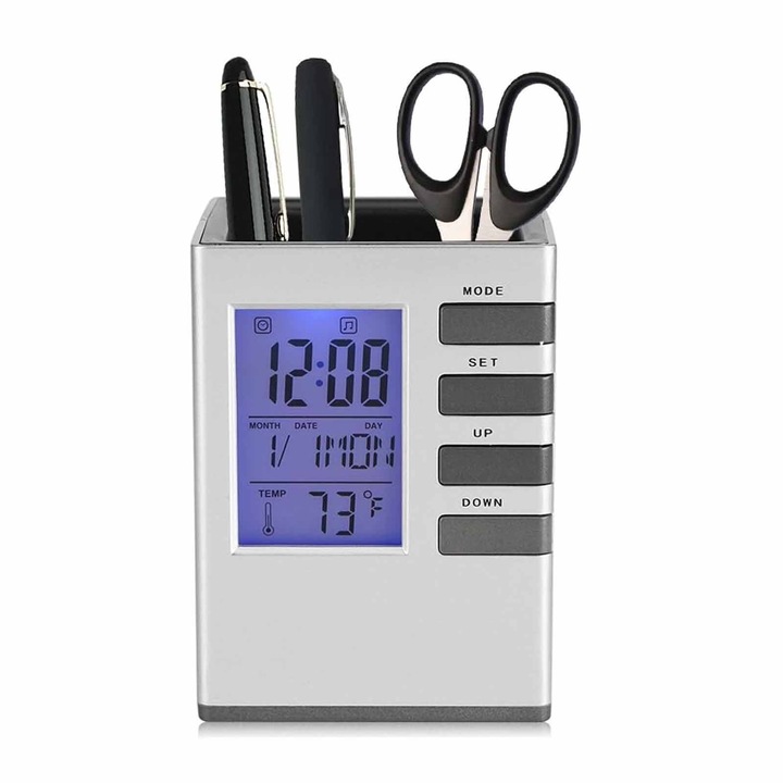 Ceas digital de birou, SINBINTA, Ceas digital desteptator cu LED electroni, Cu depozitare si functie de snooze, 12H/24H, Afisaj mare, Data, Timer, Alarma, Afisare Temperatura, Pentru noptiera, birou, dormitor, Plastic, 10.8*8*8cm, Gri-argintiu