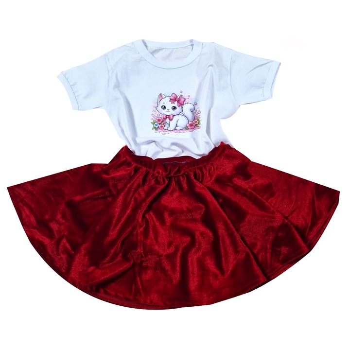 Set Compleu copii cu 2 piese, Pisica, fusta catifea elastica rosie