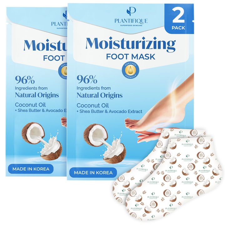 Masca Hidratanta PLANTIFIQUE™ pentru Picioare, 96% Ingrediente de Origine Naturala, Cu Ulei de Cocos, Unt de Shea si Extract de Avocado, Hidrateaza si Revitalizeaza, Potrivita pentru Piele Uscata, 2 Perechi