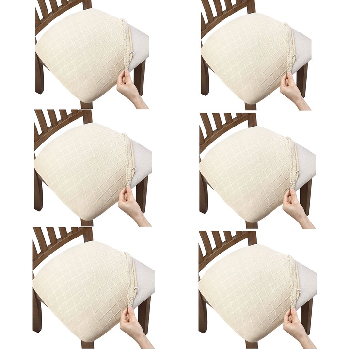 Set 6 Huse Scaun, SINBINTA, Huse pentru scaune elastice, Impermeabil, Fara decolorare, Fara minge, Moale si confortabil, Usor de curatat, Masina de spalat, Buton, Pentru bucatarie, sufragerie, Poliester, Universala, Bej