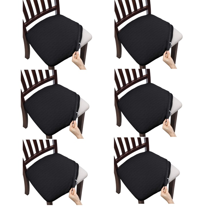 Set 6 Huse Scaun, SINBINTA, Huse pentru scaune elastice, Impermeabil, Fara decolorare, Fara minge, Moale si confortabil, Usor de curatat, Masina de spalat, Buton, Pentru bucatarie, sufragerie, Poliester, Universala, Negru