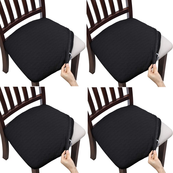 Set 4 Huse Scaun, SINBINTA, Huse pentru scaune elastice, Impermeabil, Fara decolorare, Fara minge, Moale si confortabil, Usor de curatat, Masina de spalat, Buton, Pentru bucatarie, sufragerie, Poliester, Universala, Negru