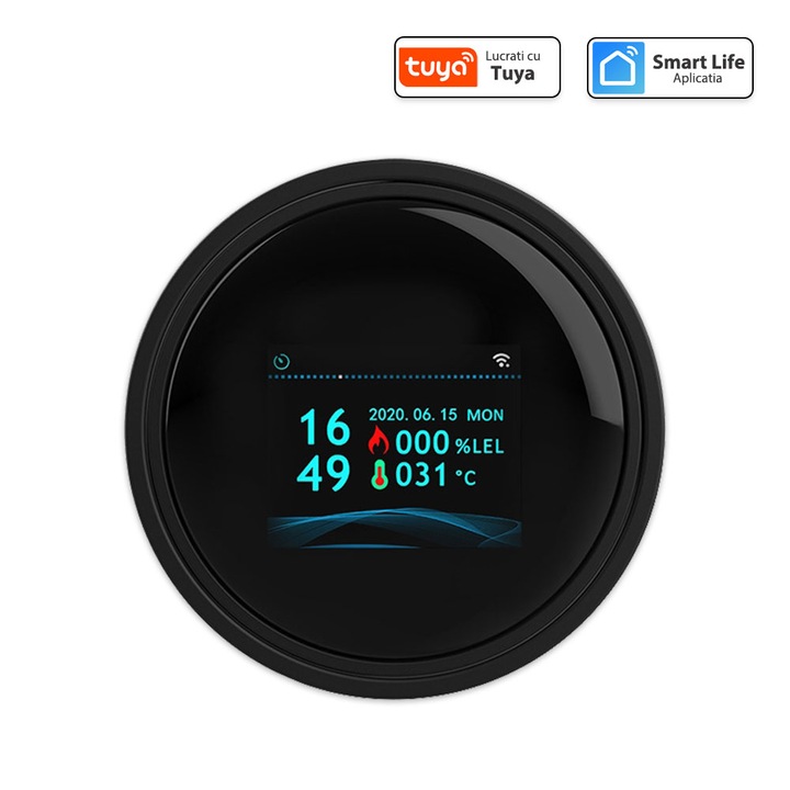 Безжичен сензор за горими газове, CH4, природен газ, втечнен газ, LED дисплей, за откриване на теч на газ, откриване на температура, съвместим с приложението Tuya, аларма за мобилен телефон, светлинен и звуков сигнал, Черен