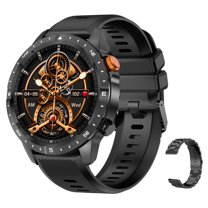 Ceas Smartwatch Barbati MGA, Display Amoled Full HD 466x466 Touch 1.43, Rezistent la Apa IP68, Muzica Apel Bluetooth, Monitorizare Somn, Tensiune Arteriala, Ritm Cardiac, Fitness, Oximetru, Compatibil iOS/Android, 2 Bratari Metalica si Siliconica, Negru C