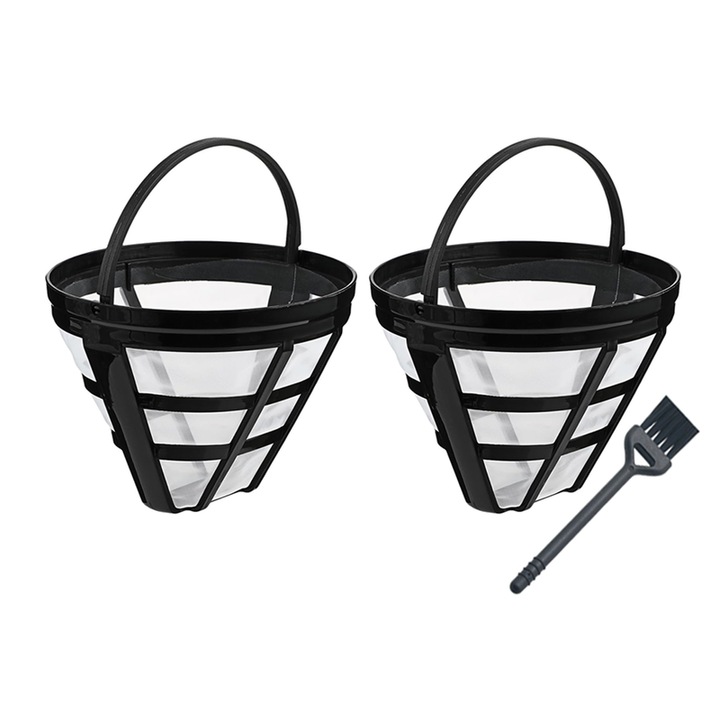 Set 2 Filtru permanent cafetiera reutilizabil, cu maner, perie, capacitate 8 cesti, PP/Nylon, 11.7x8.8 cm, Gri