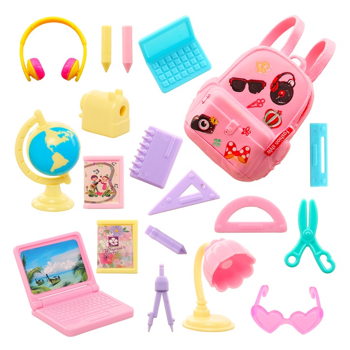 Set 18 accesorii pentru papusi, invatare, Plastic, 4ani+, Roz