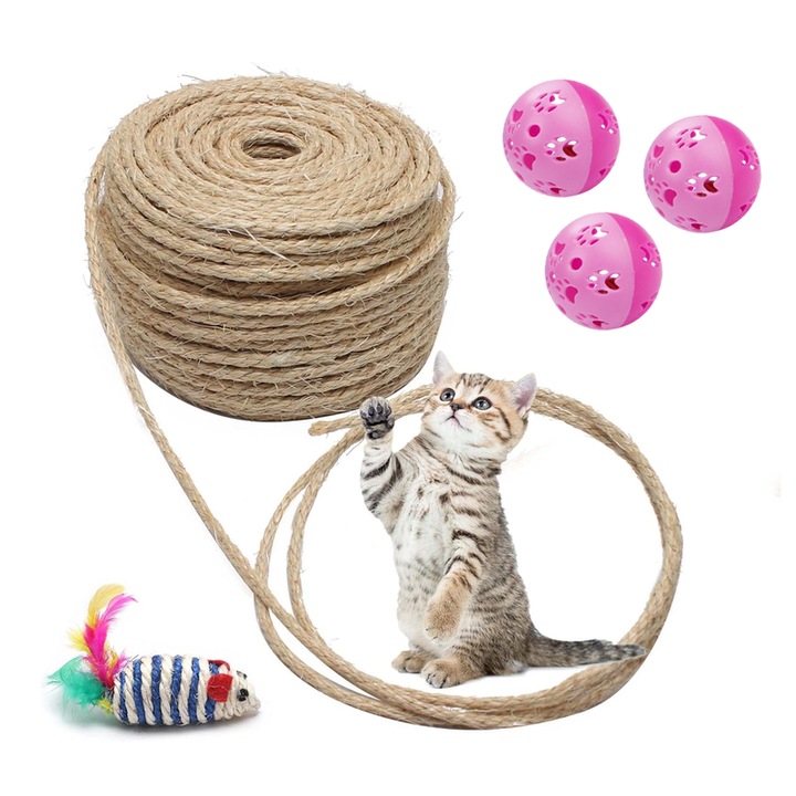 Връв от сезал 10 м/8 мм за ремонт на комплекти за игра на котки, комплект с играчка мишка и 3 топки със звънчета, многоцветни