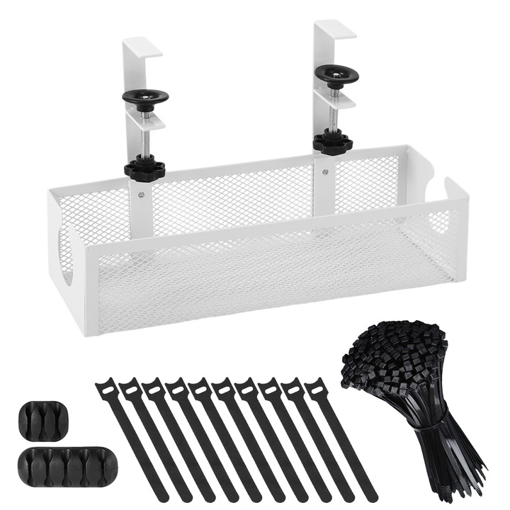 Organizator cabluri sub masa, fara gaurit, 34 x 12 x 7 cm, 113 Piese, Cu accesorii, Metal, pentru biroul acasa, Alb