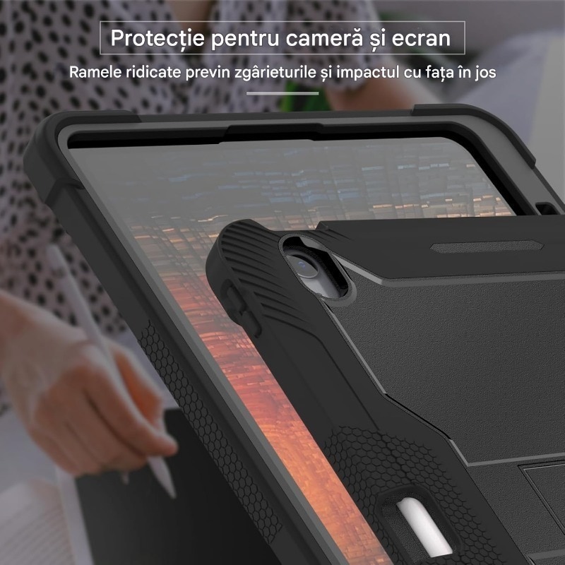 Husa tableta pentru iPad Air 13 (2024), Antisoc si Anti-zgarieturi, PC + material siliconic, suport, rezistent la uzura, anti picatura, anti amprenta, taiere precisa, Negru