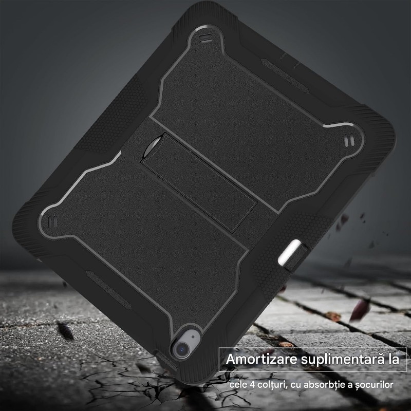 Husa tableta pentru iPad Air 13 (2024), Antisoc si Anti-zgarieturi, PC + material siliconic, suport, rezistent la uzura, anti picatura, anti amprenta, taiere precisa, Negru