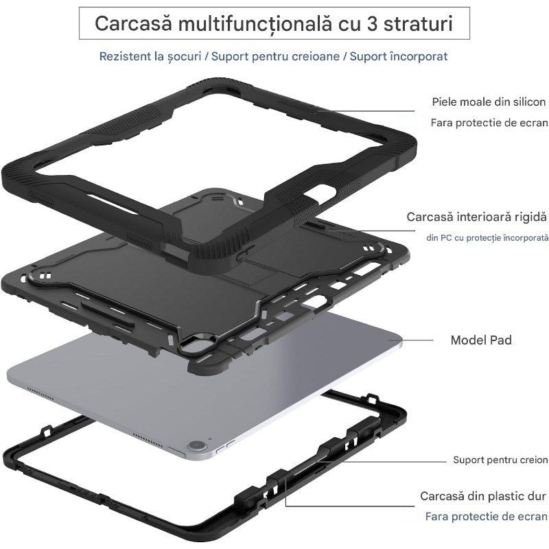 Husa tableta pentru iPad Air 13 (2024), Antisoc si Anti-zgarieturi, PC + material siliconic, suport, rezistent la uzura, anti picatura, anti amprenta, taiere precisa, Negru