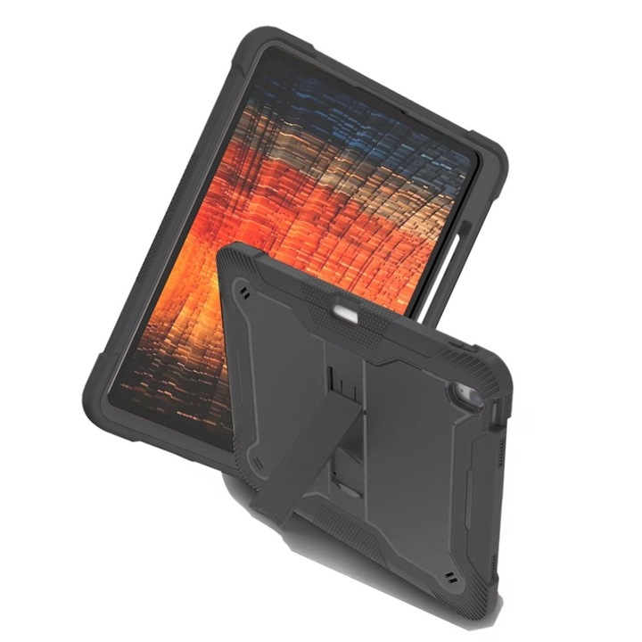 Husa tableta pentru iPad Air 13 (2024), Antisoc si Anti-zgarieturi, PC + material siliconic, suport, rezistent la uzura, anti picatura, anti amprenta, taiere precisa, Negru