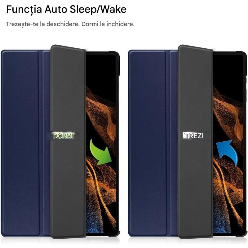 Husa tableta pentru Samsung Galaxy Tab S9 Plus cu suport Multi-Unghi si functie Sleep/Wake, PU, Rezistent la socuri, rezistent la uzura, rezistent la cadere, suport, fara amprente digitale, multifunctional, albastru marin