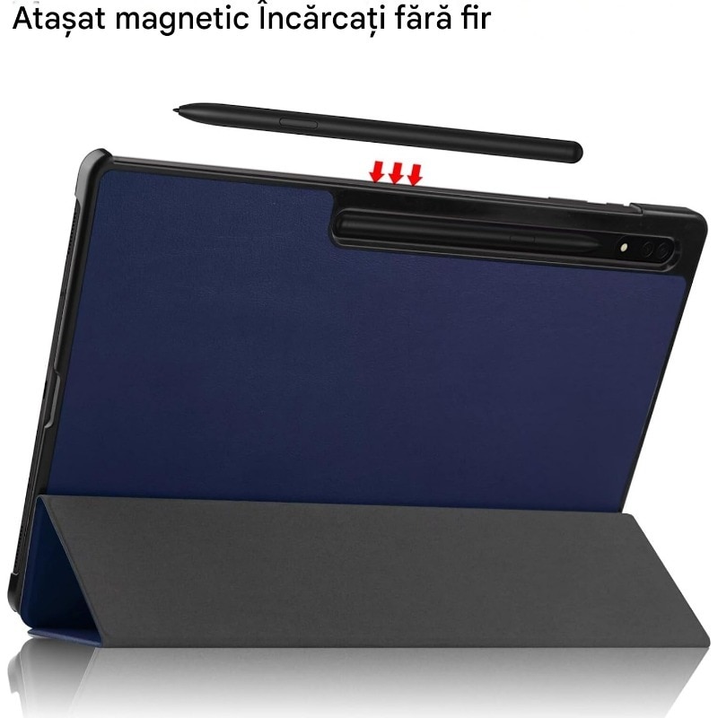 Husa tableta pentru Samsung Galaxy Tab S9 Plus cu suport Multi-Unghi si functie Sleep/Wake, PU, Rezistent la socuri, rezistent la uzura, rezistent la cadere, suport, fara amprente digitale, multifunctional, albastru marin